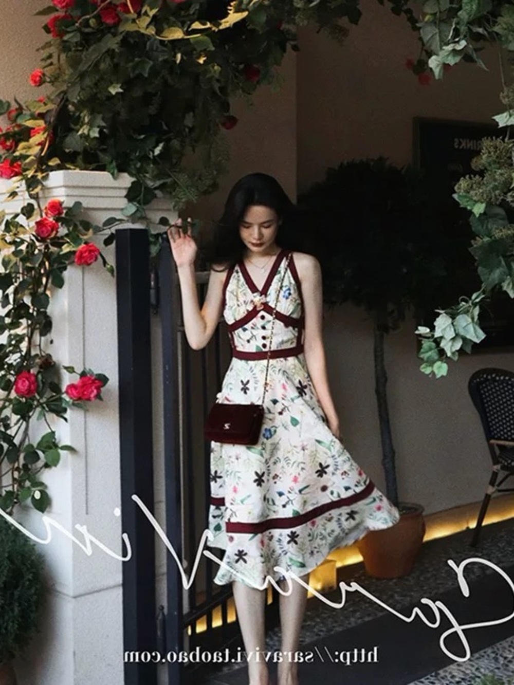 Floral Midi Dress with Burgundy Trim - Women